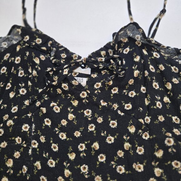 Free People Black Floral Ruffle Hem Mini Slip Dress Sleeveless XS Side Button Ra - Picture 3 of 12